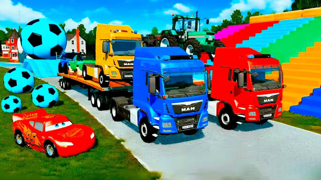 Triple Flatbed Trailer McQueen Transportation with Truck Speedbumps vs Cars vs Train BeamNG #003