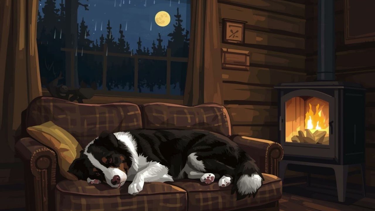 Cozy Cabin Fireplace with Rain & Sleeping Dog | Relaxing Ambient Background