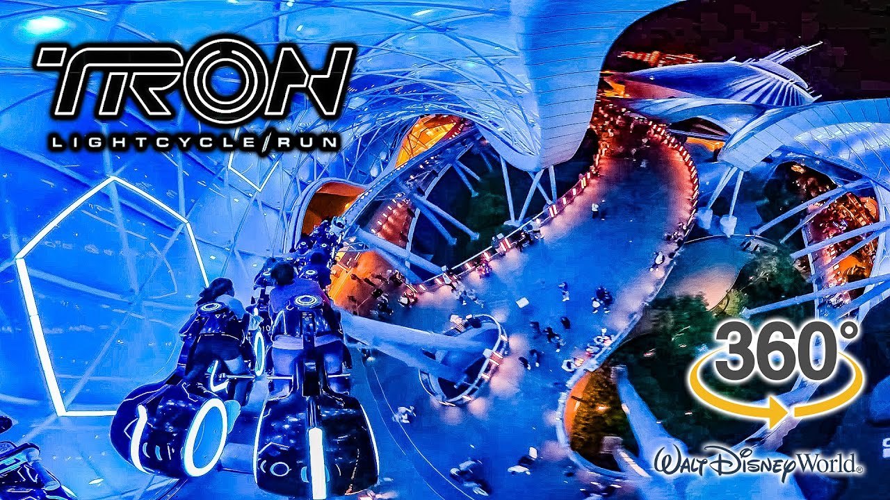 VR 360 TRON Lightcycle Run Roller Coaster at Night POV with Queue Walt Disney World 2024 01 04