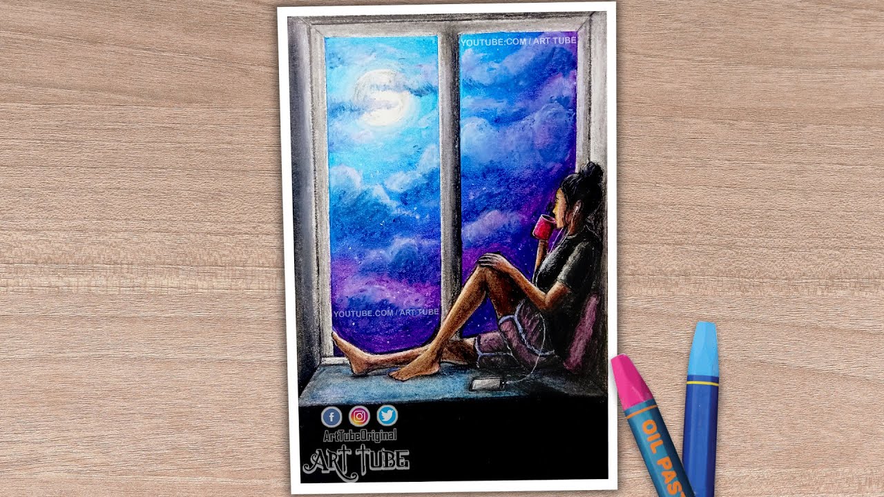 Girl Sitting on Window Night Scene drawing with Oil Pastels | Moonlight Night Scenery