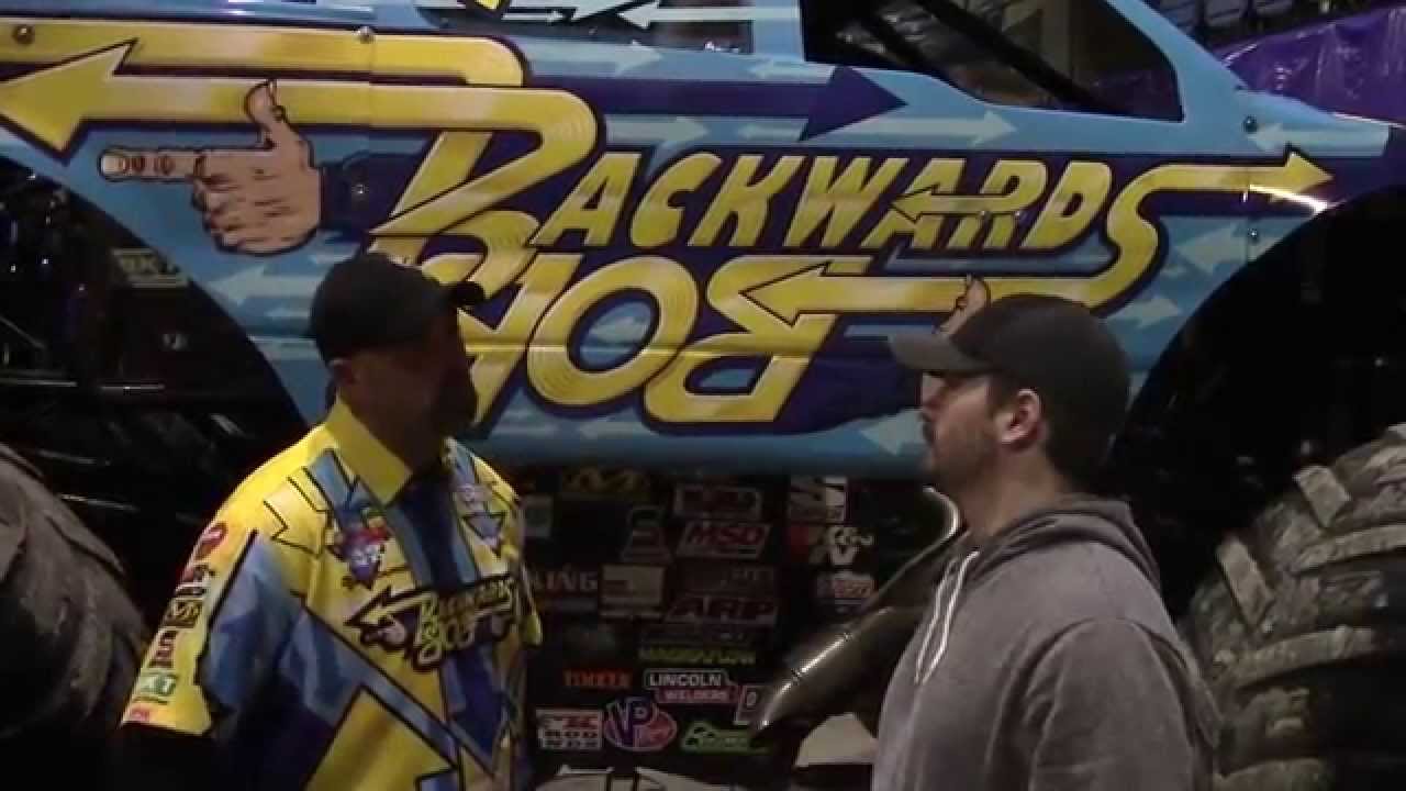 Crockett talks with Bryan driver of Backwards Bob from Monster Jam