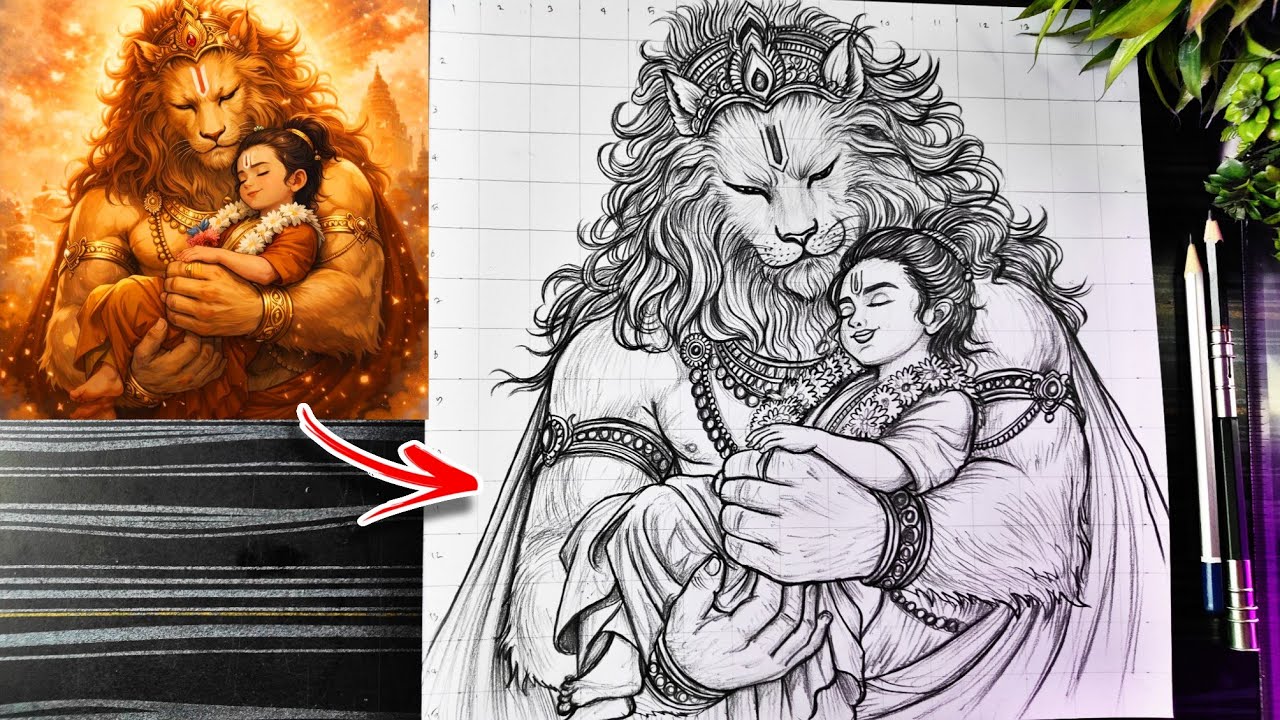 How To Draw Mahavatar Narasimha With Prahlad, Narsimha & Prahlad Drawing AnimeStyle, Step By Step