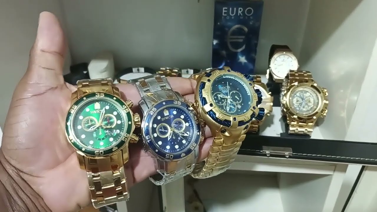 Relógio invicta thumder Bolt dourado fundo azul funciona prova dágua