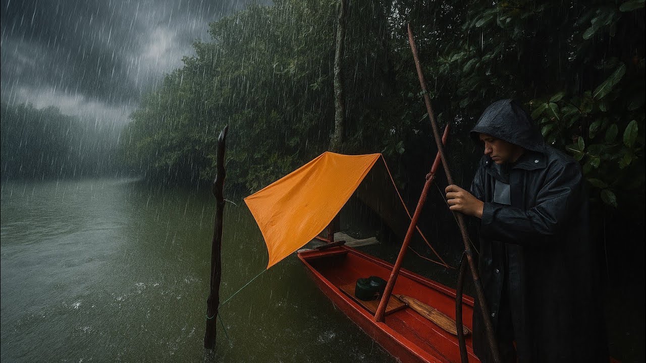 Heavy Rain Camping Under a Tarp with my Boat - Cozy Floating Stove & Rain