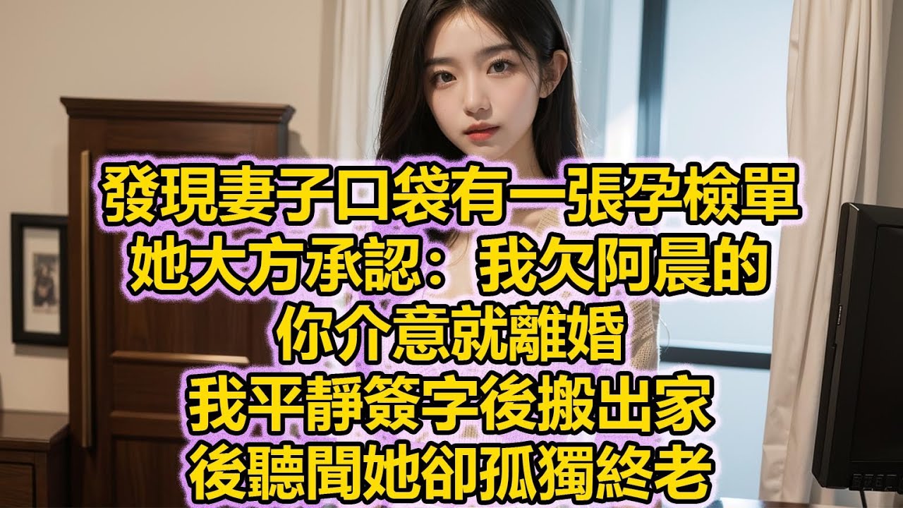 發現妻子口袋有一張孕檢單，她大方承認：我欠阿晨的，你介意就離婚，我平靜簽字後搬出家，後聽聞她卻孤獨終老