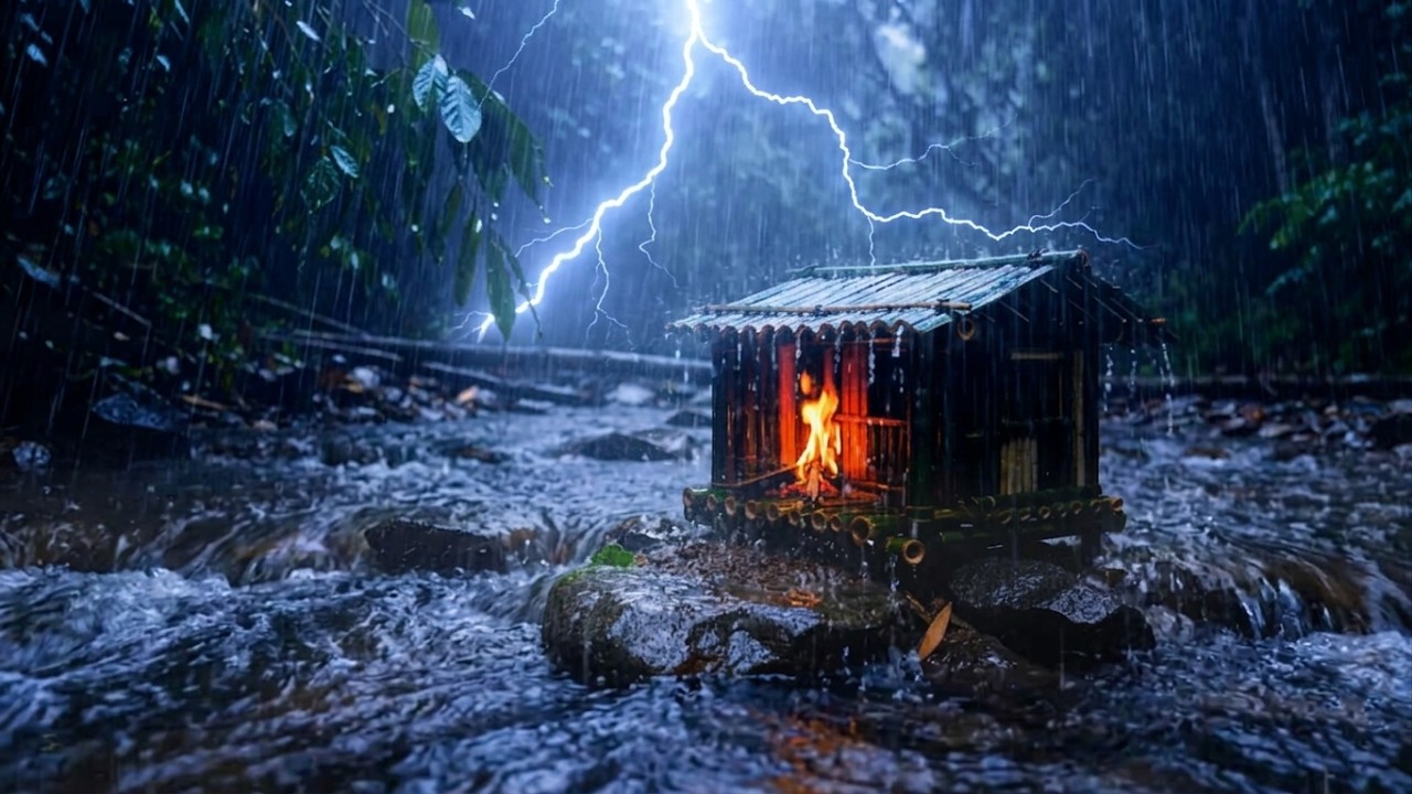 Deep Sleep in Minutes 😴 | Cozy Bamboo Cabin Night Rain & Thunder Sounds (No Music)