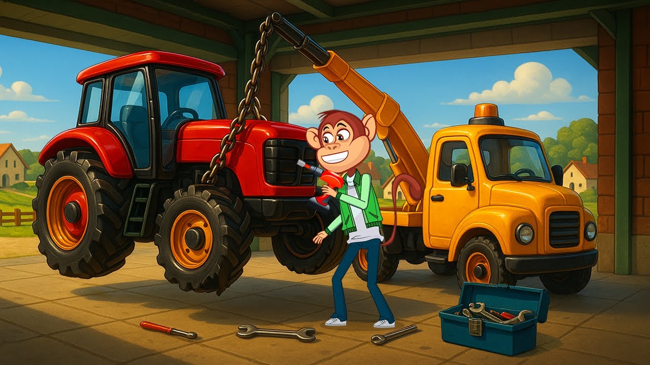 🐒🔧 Fixing the Broken Tractor! 🚜 Monkey Mechanic & Tow Truck Help | Fun Vehicles Farm Animation
