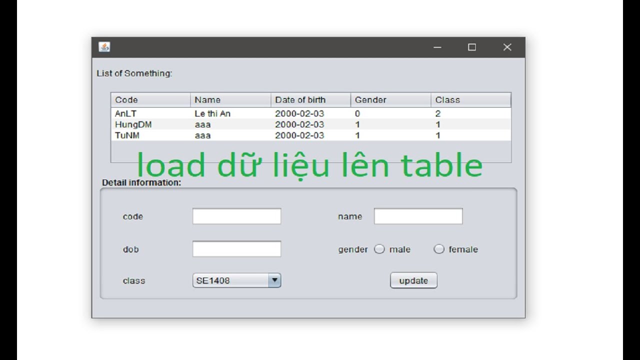 Giải đề thi PE JAVA DESK đại học FPT - load dữ liệu lên table và update thông tin