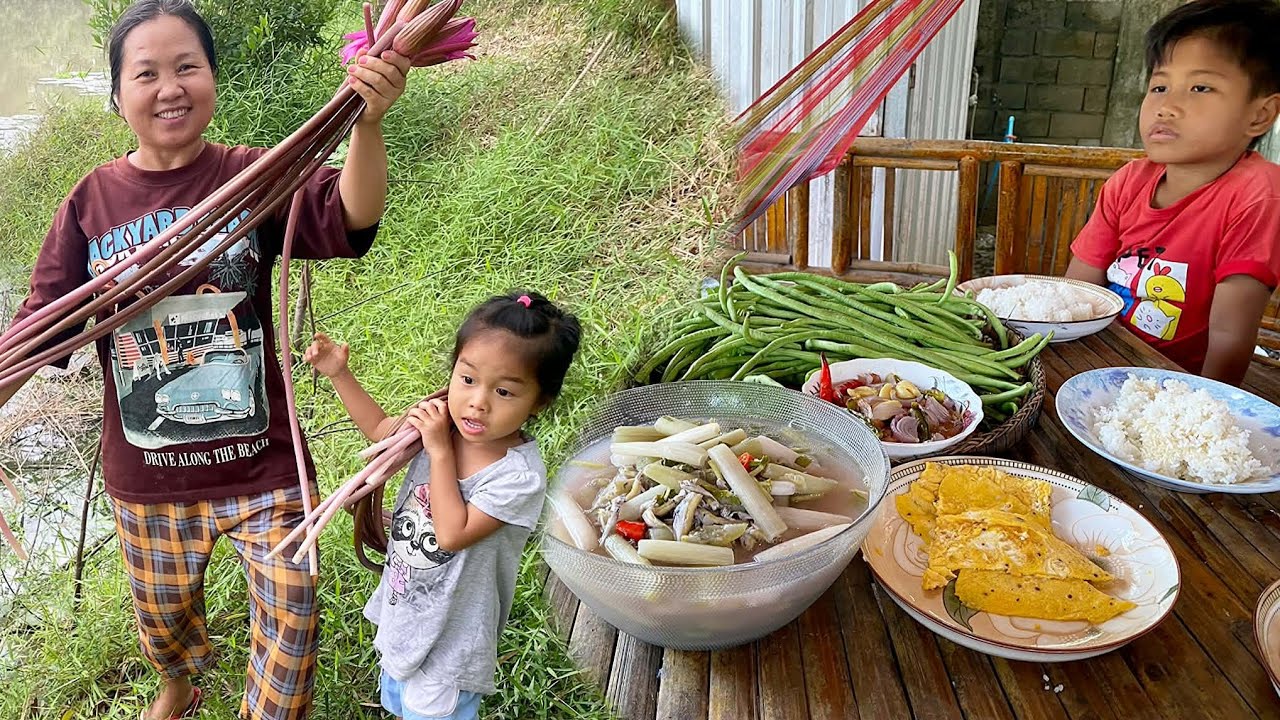 Collecting Wild Pralit Vegetables in the Stream and Cooking Sour Soup with Small Fish | Khmer food