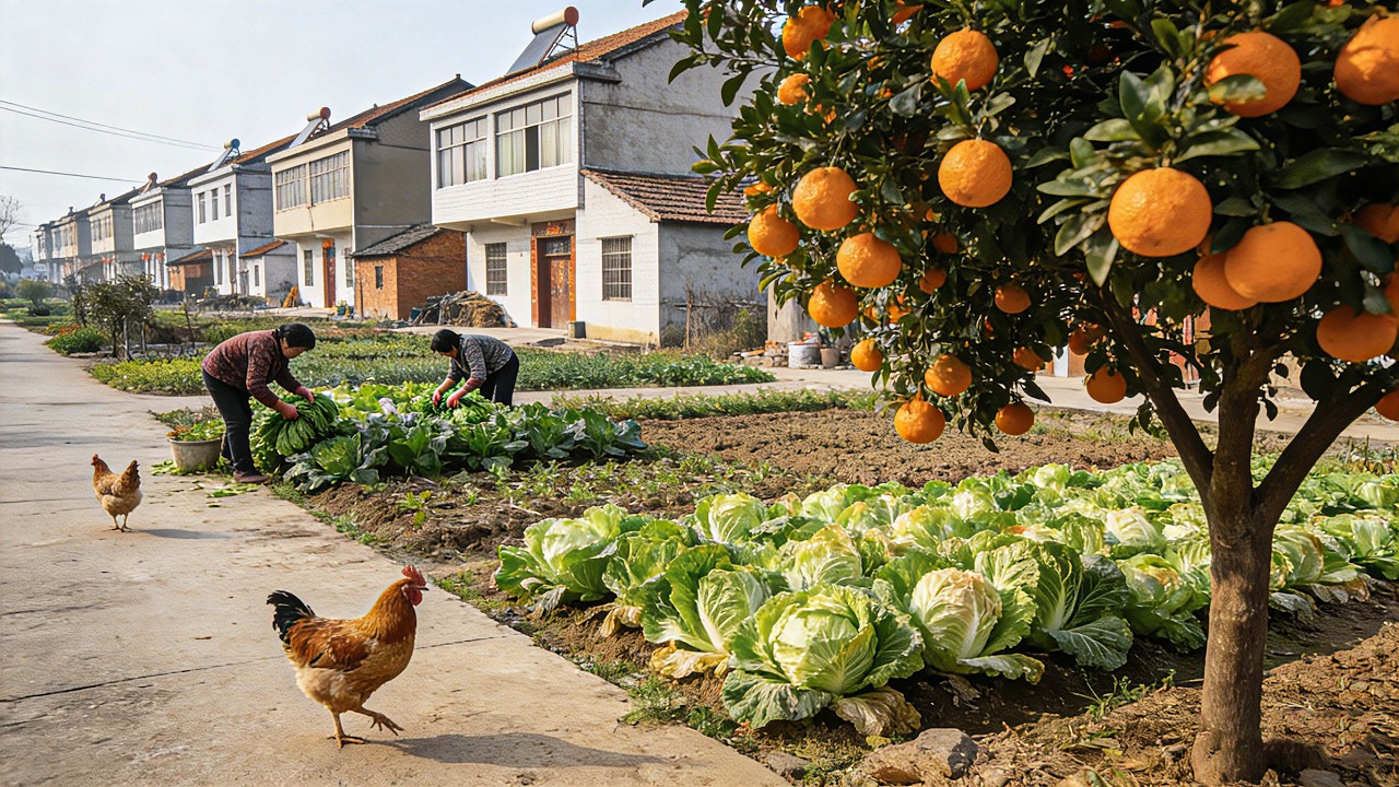 You’ve Never Seen Such a Well-Planned Chinese Village! Tangerine Tree, Chickens & Cabbage Field