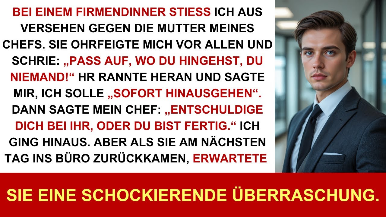 Beim Firmendinner stieß ich an die Mutter des Chefs; sie ohrfeigte mich, HR schickte mich heim.