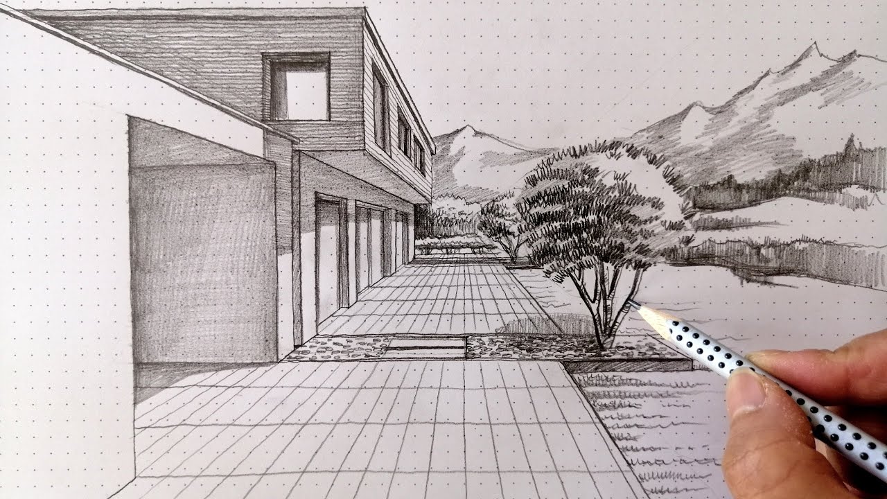 Wie man ein Haus und Gehweg in 1 Punkt Perspektive zeichnen