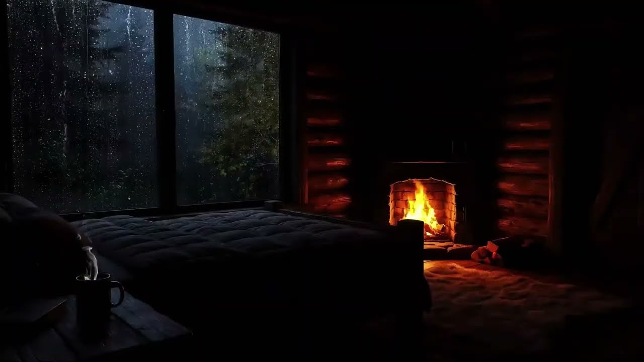 Rain Falling Outside a Cabin Bedroom Window with Warm Fireplace, For Deep Sleep & Relaxation