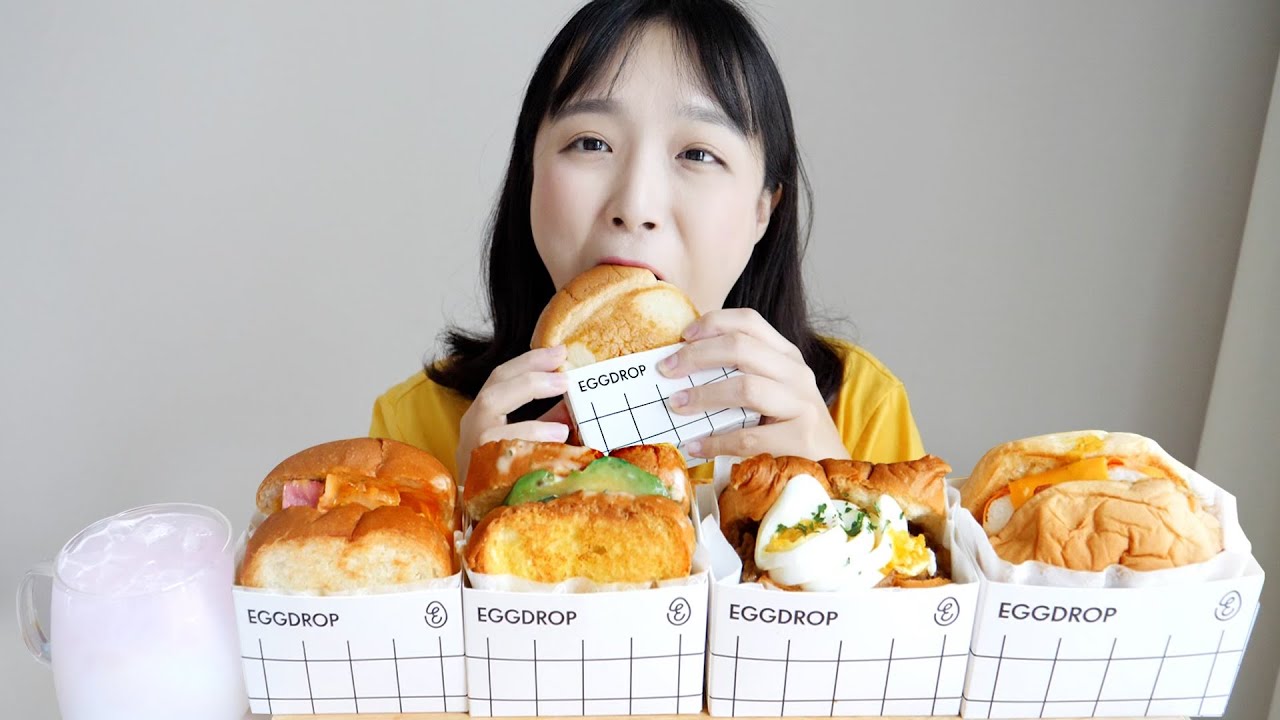 촉촉부들부들🍞에그드랍 샌드위치 먹방! 베이컨더블치즈,햄치즈,아보홀릭,데리야끼바베큐,머랭버거 등 REALSOUND MUKBANG | Scrambled Egg Sandwich :D