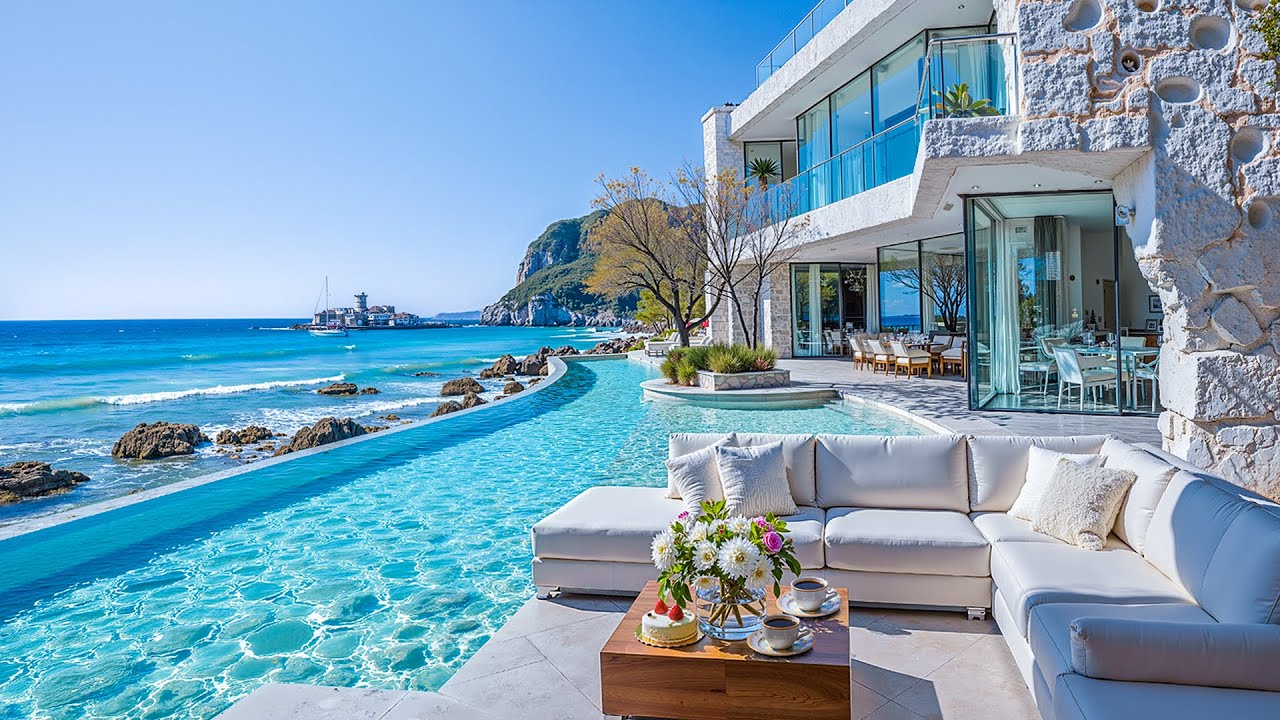 Luxury Beach Villa Ambience with Infinity Pool ~ Cheerful Bossa Nova Jazz & Ocean Sounds for Uplift