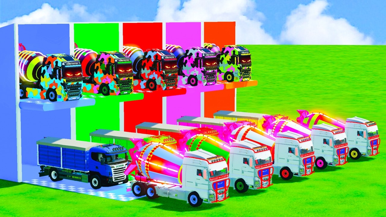 Garage with Colors - ALL MIXER TRUCK WITH DOUBLE FLATBED TRAILER TRUCK, VOLVO, MERCEDES, PETERBILT