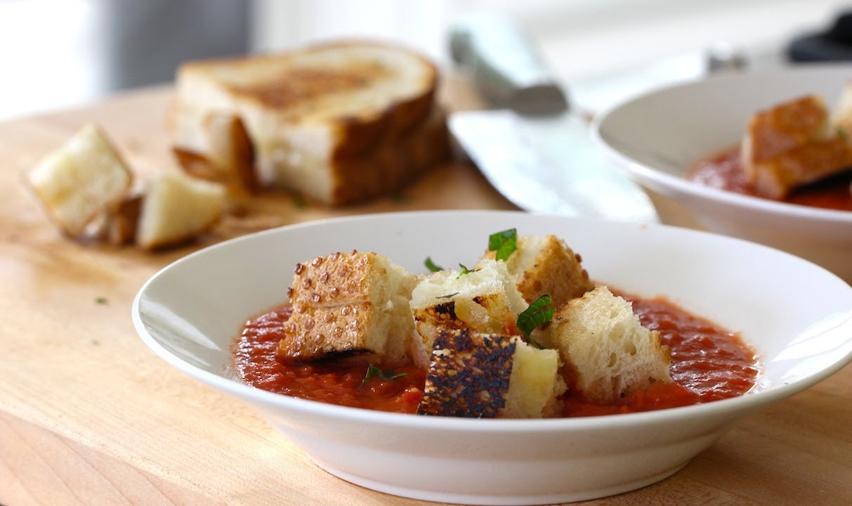 Cream of Tomato Soup with Grilled Cheese Croutons | ENTERTAINING WITH BETH