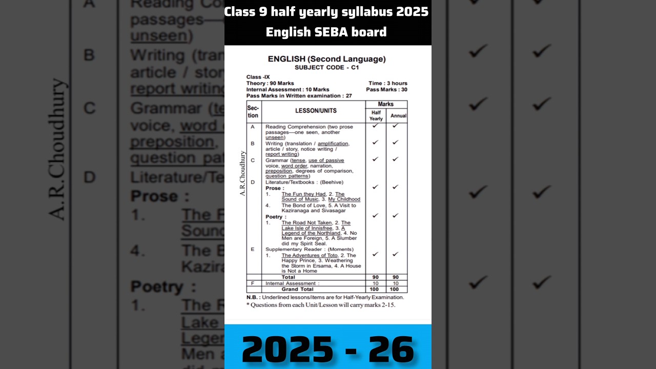 Class 9 half yearly syllabus 2025 English SEBA board || #shortsfeed