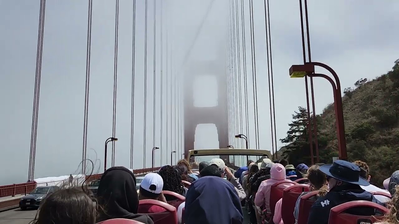 Crossing the Golden Gate Bridge in San Francisco from the top of the Big Bus!