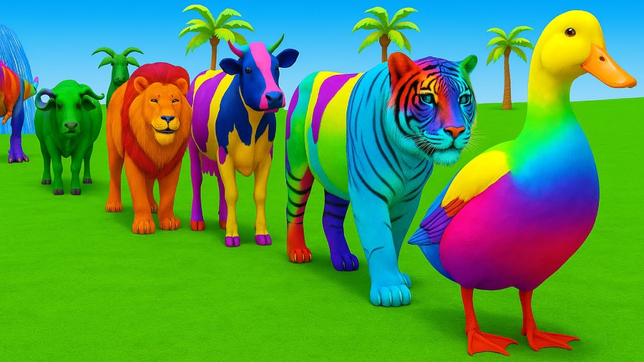 Long Slide Game With Elephant Gorilla Buffalo Hippopotamus Tiger - 3d Animal Game - Funny 3d Animals