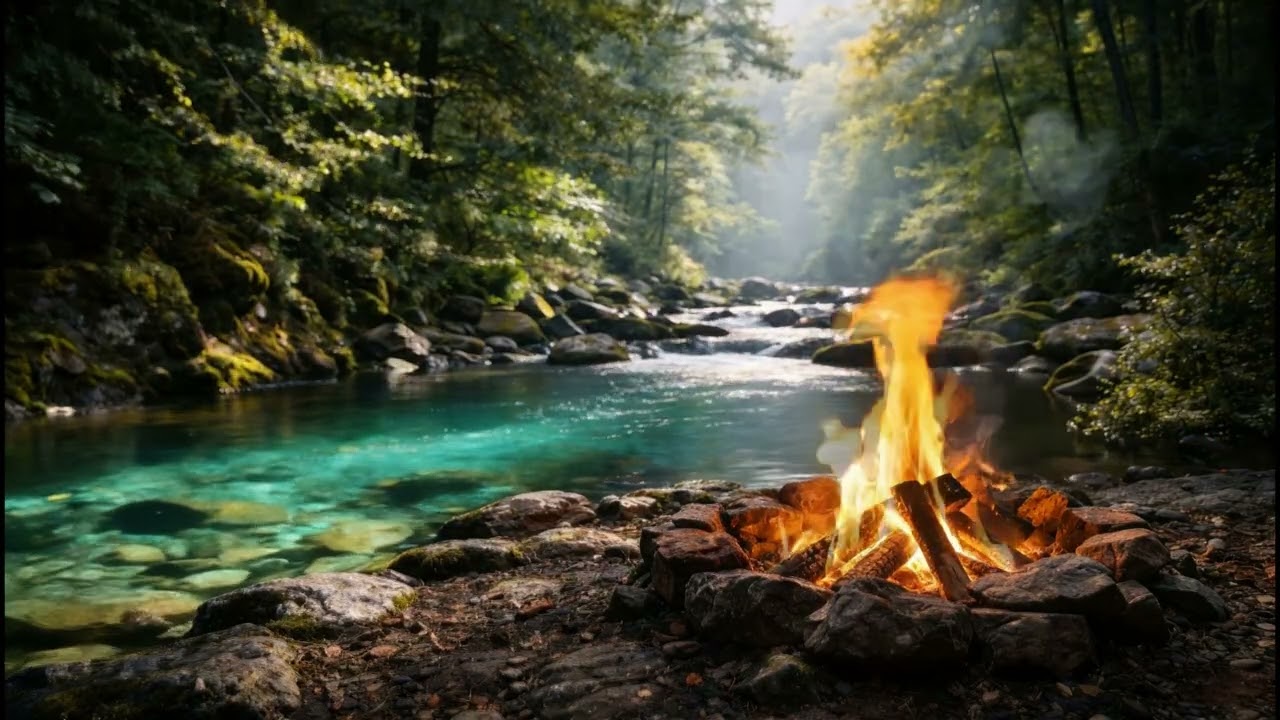 Campfire & Calm River in a Quiet Forest | Cozy Nature Ambience | 4K