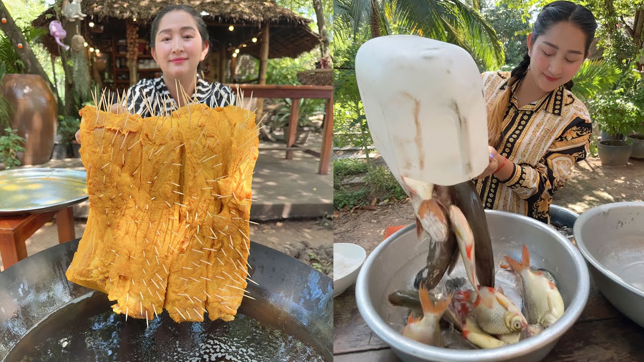 Mommy chef cooking: Fry pork belly, Tiny fish crispy, Crunchy mango | Amazing cooking skill