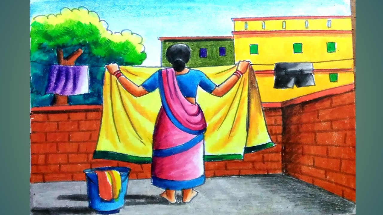 How to draw a scenery of working women/step by step drawing working lady