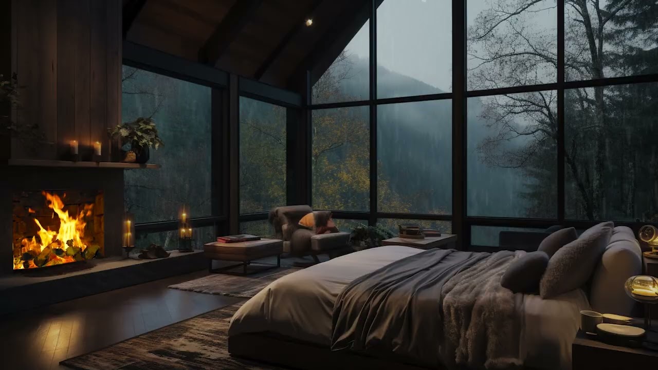 3 Hours Cozy Piano & Rain Sounds 🔥 Fireplace Ambience for Deep Sleep & Relaxation