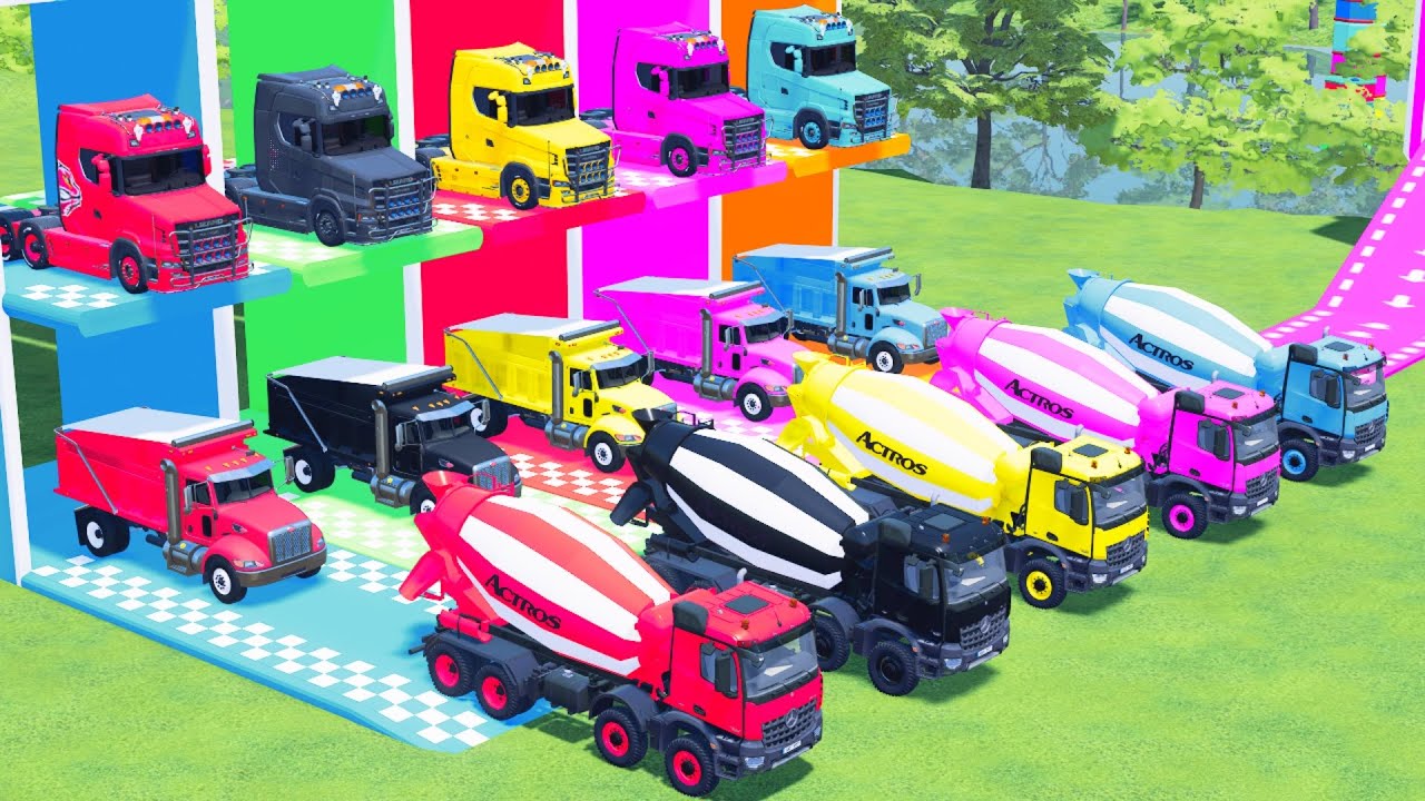 Garage with Colors - ALL MIXER TRUCK WITH DOUBLE FLATBED TRAILER TRUCK, PETERBILT, SCANIA, KENWORTH