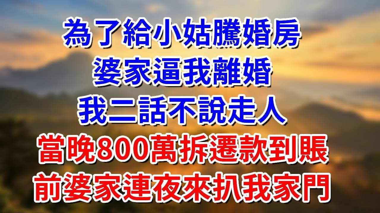 為給小姑騰婚房，婆家逼我離婚，我二話不說走人：當晚800萬拆遷款到賬，前婆家連夜來扒我家門！ #阿木講故事#為人處世#生活經驗#情感故事#養老#睡前故事