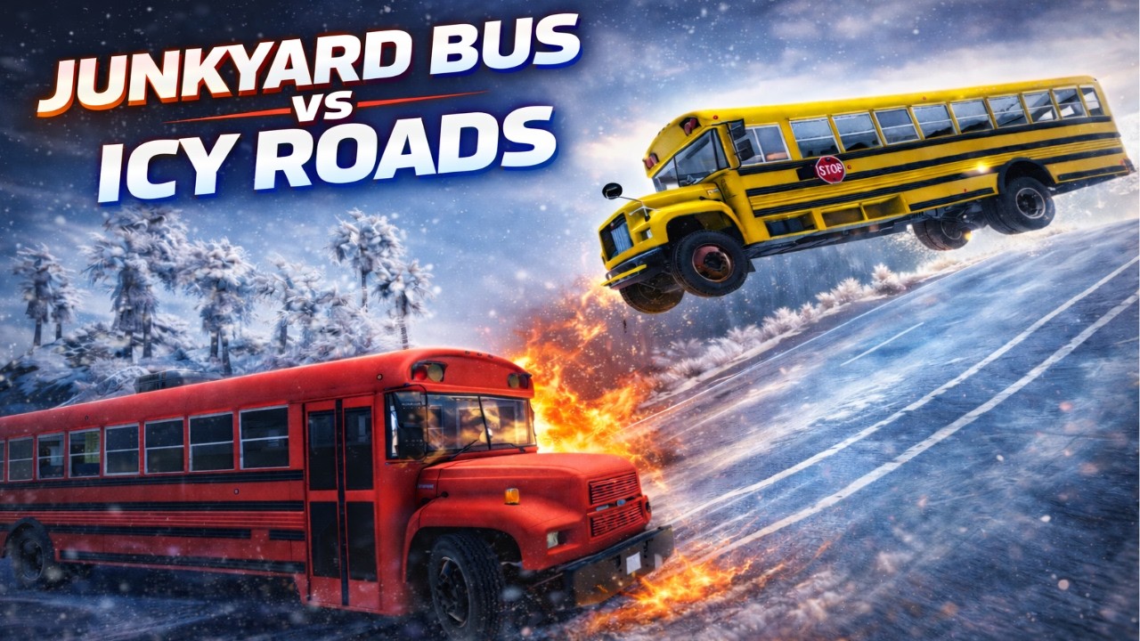 JUNKYARD SCHOOL BUS VS DANGEROUS ICY ROAD!! - BEAMNG.DRIVE MP