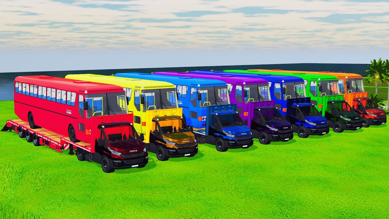 IVECO Truck Trailer Transporting Giant Bus to the Colorful Garage | FS22