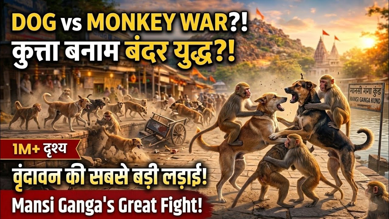 Vrindavan me pashuo ki leela dog vs monkeys fight 