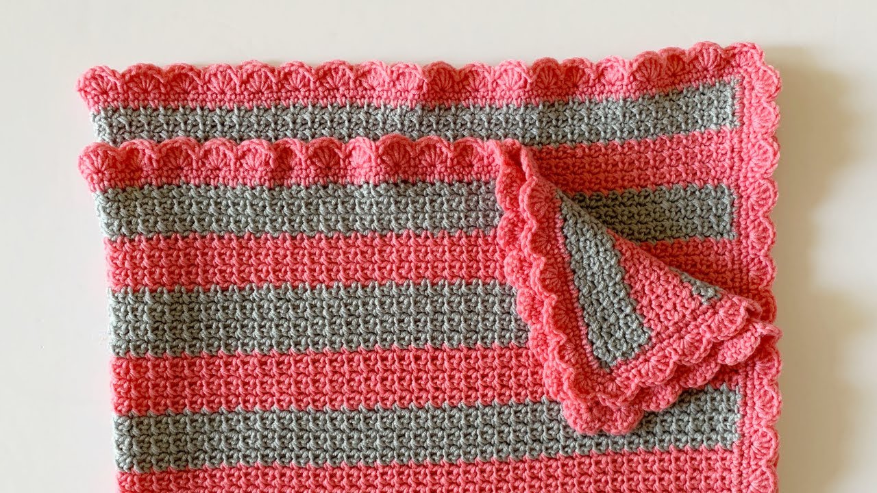 Crochet Mesh Stitch Blanket with Shell Border