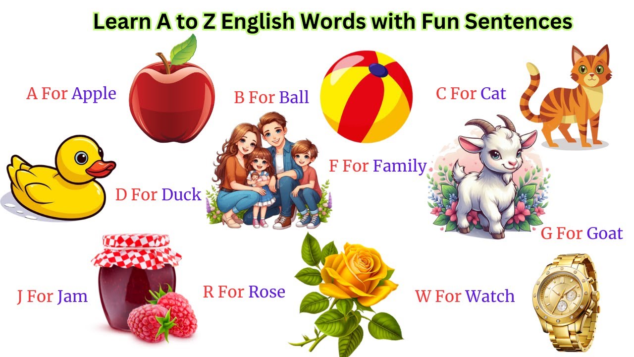 Learn A to Z English Words with Fun Sentences | English Speaking Practice for Beginners & Kids