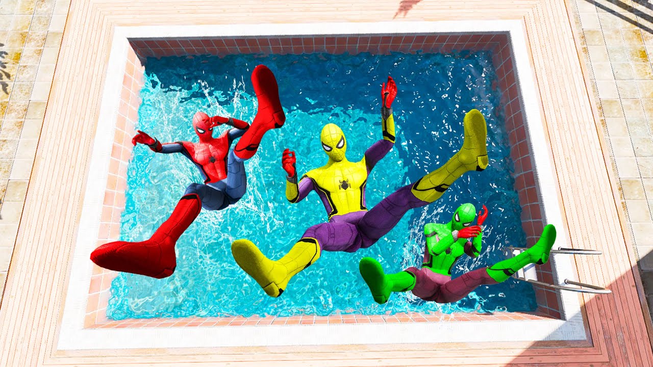 GTA 5 Rainbow Red Vs Yellow & Green Spiderman Jumping Into Pool (Euphoria Physics/Ragdolls) #1