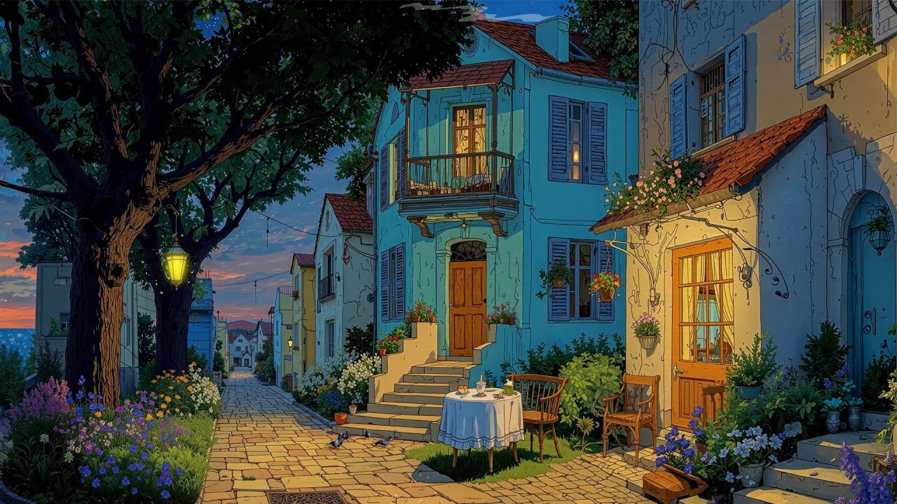 Peaceful Evening Front Yard in the 1920s | Oldies Music Playing in Another Room ( Ocean Waves Sound)