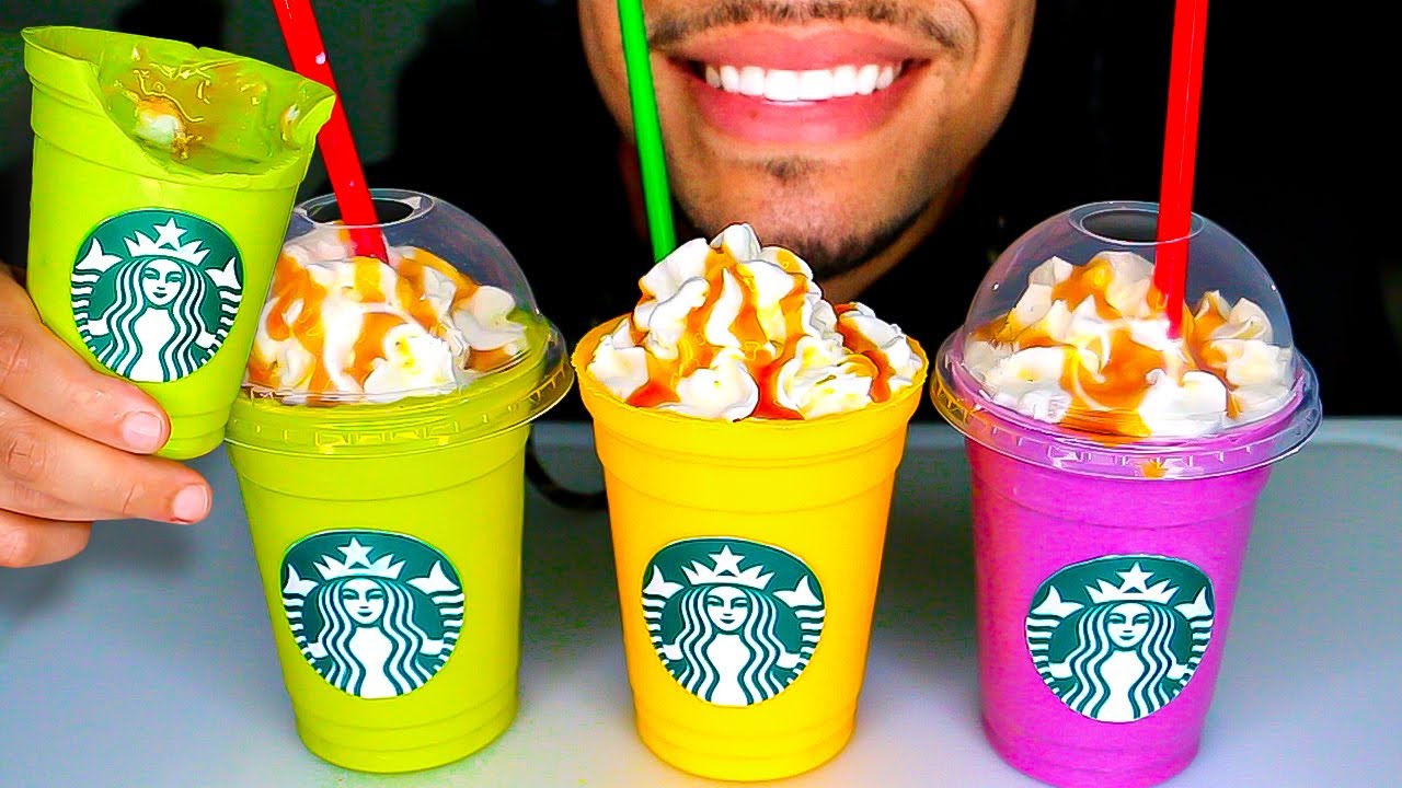 ASMR EDIBLE STARBUCKS COFFEE DRINK CUP COLORS MUKBANG NO TALKING JERRY EATING DIY CHOCOLATE HACKS