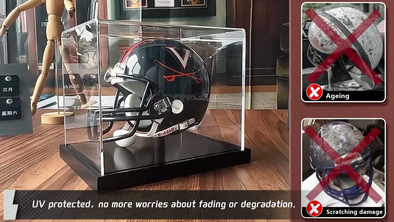 JupDec Mini Helmet Display Case (Black Base) | UV-Proof Acrylic Showcase for Sports Collectibles