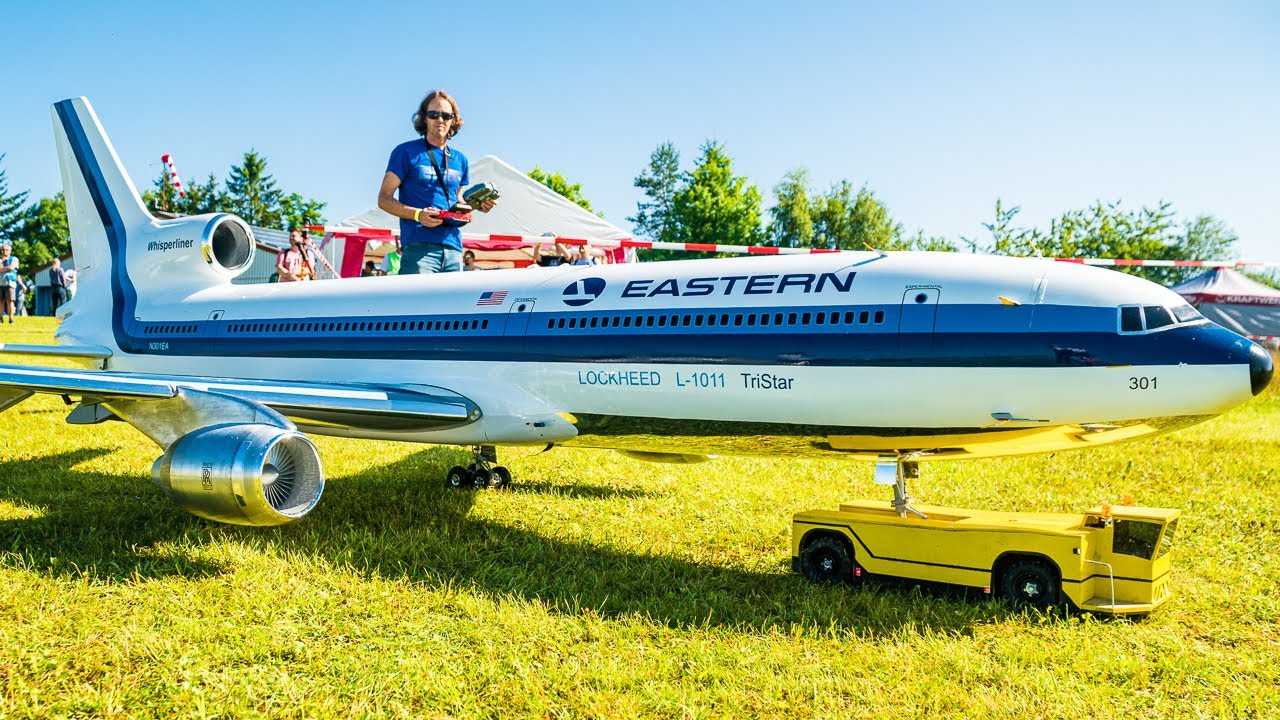GIANT XXXL RC AIRLINER L-1011 TRISTAR SCALE MODEL TURBINE JET WITH RC TUG FLIGHT DEMO