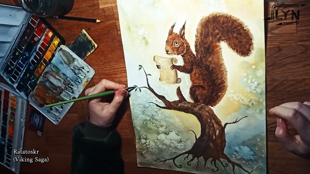 Painting RATATOSKR from the VIKING SAGA with WATERCOLORS! #ratatoskr #viking #watercolorart
