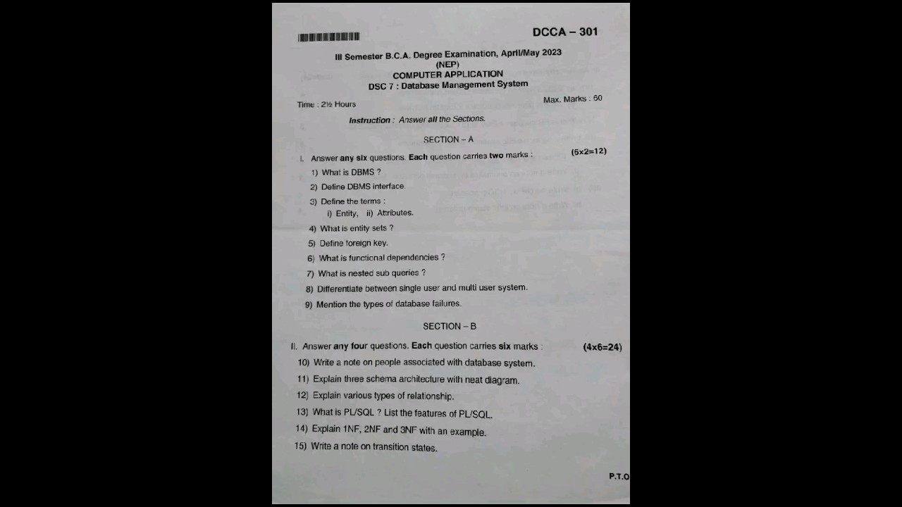 Database management system(NEP) 3rd semester  BCA 2023 #question paper bangalore north university