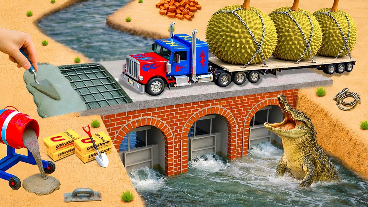 DIY Mini Tractor Builds a Concrete River Bridge With 3 Water Gates | Science Project