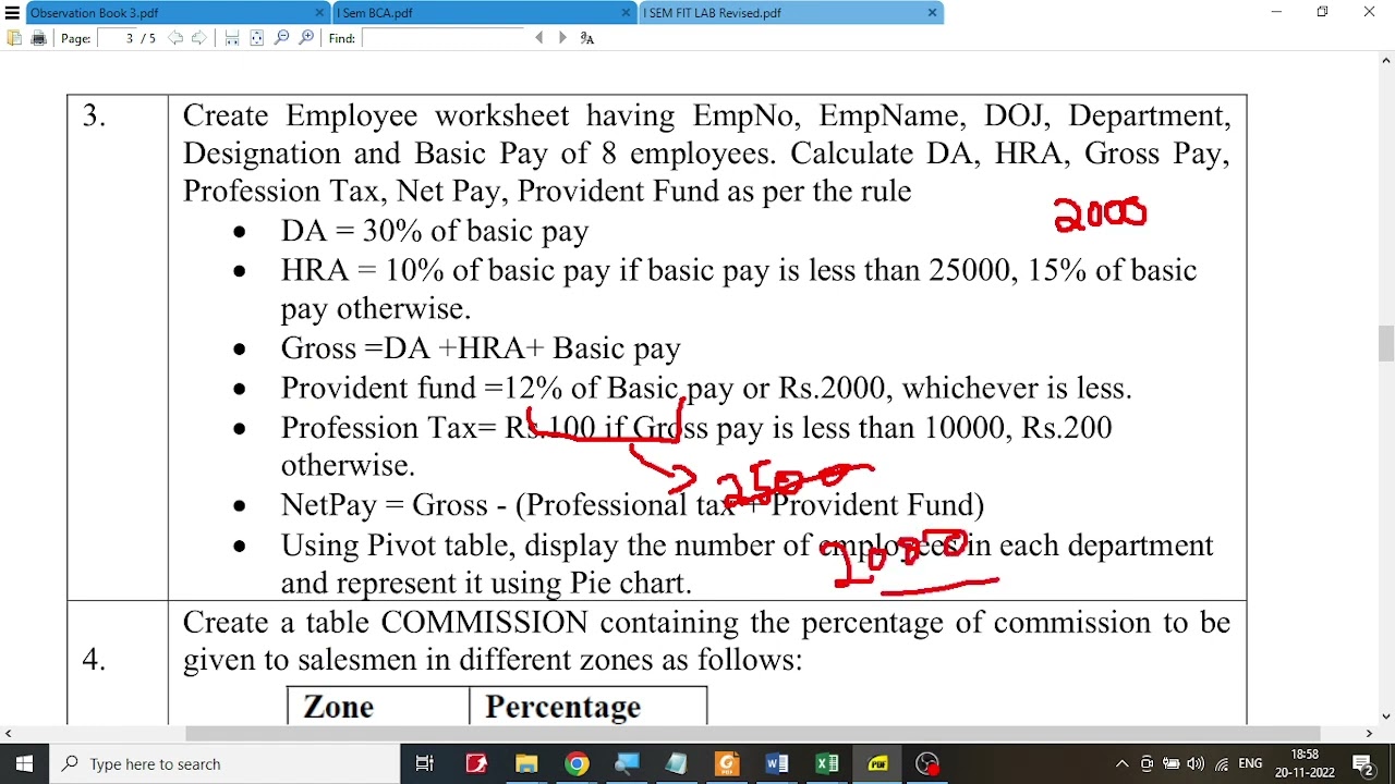 Mangalore  University 1 SEM BCA Ex 3 : ExcelPractical exercise for FIT Lab