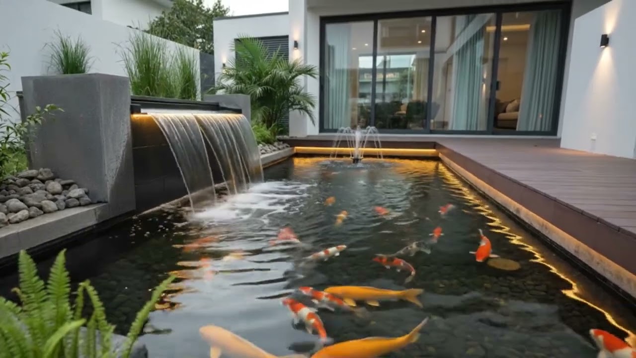 Peaceful ASMR sounds of a beautiful backyard koi pond with a gentle water fountain