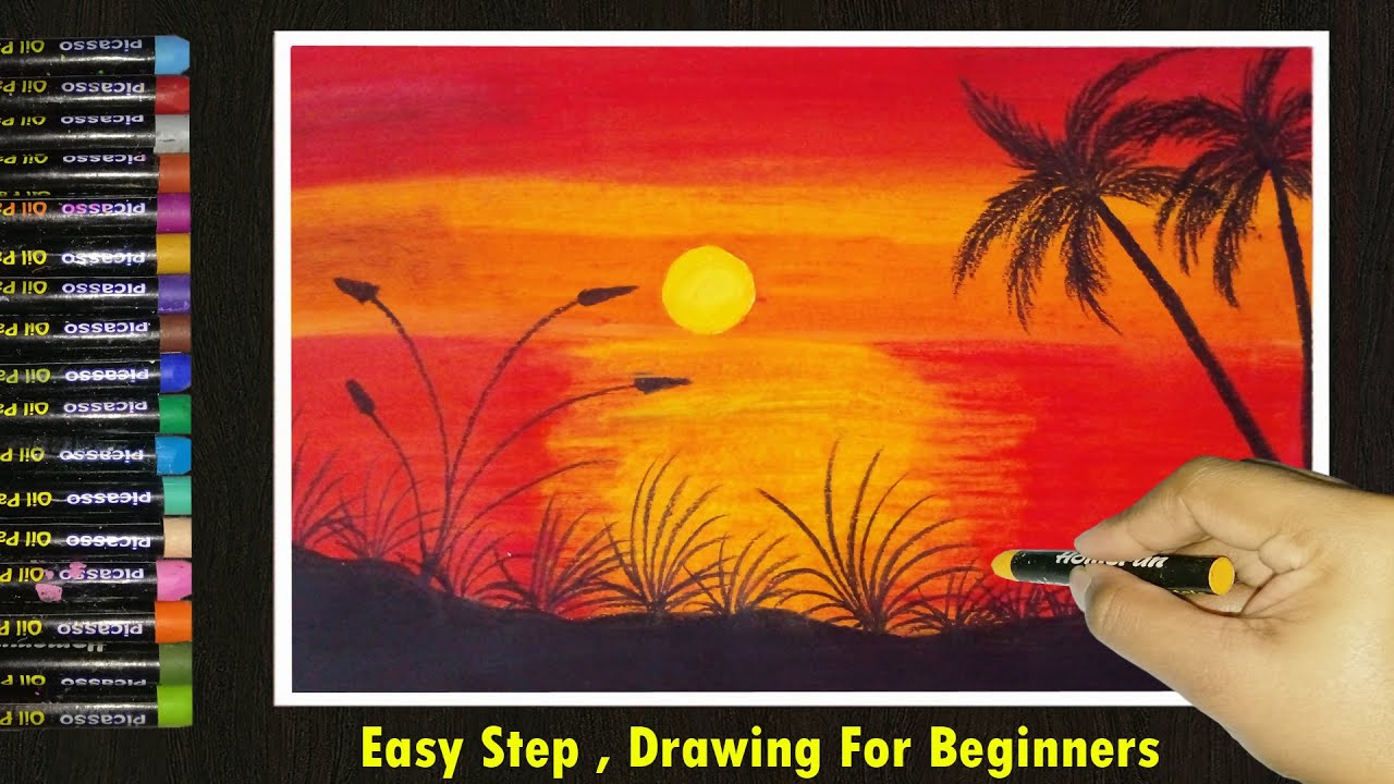 How To Draw Sunset Nature Scenery | Easy Sunset Scenery Drawing | Sunset Scenery For Beginners