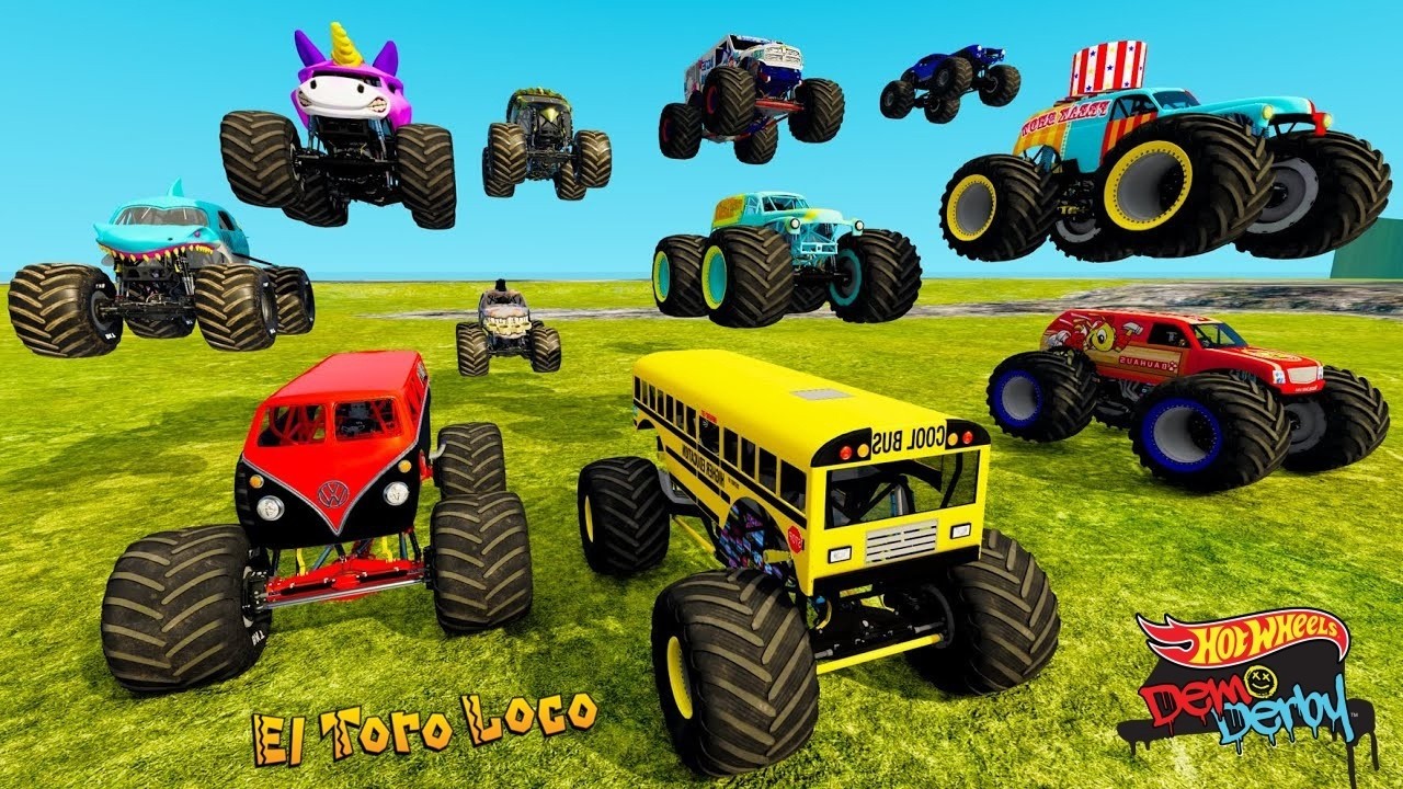 School Bus Monster Truck & Big Grave Digger Epic Battle, Racing Jumps and Crashes