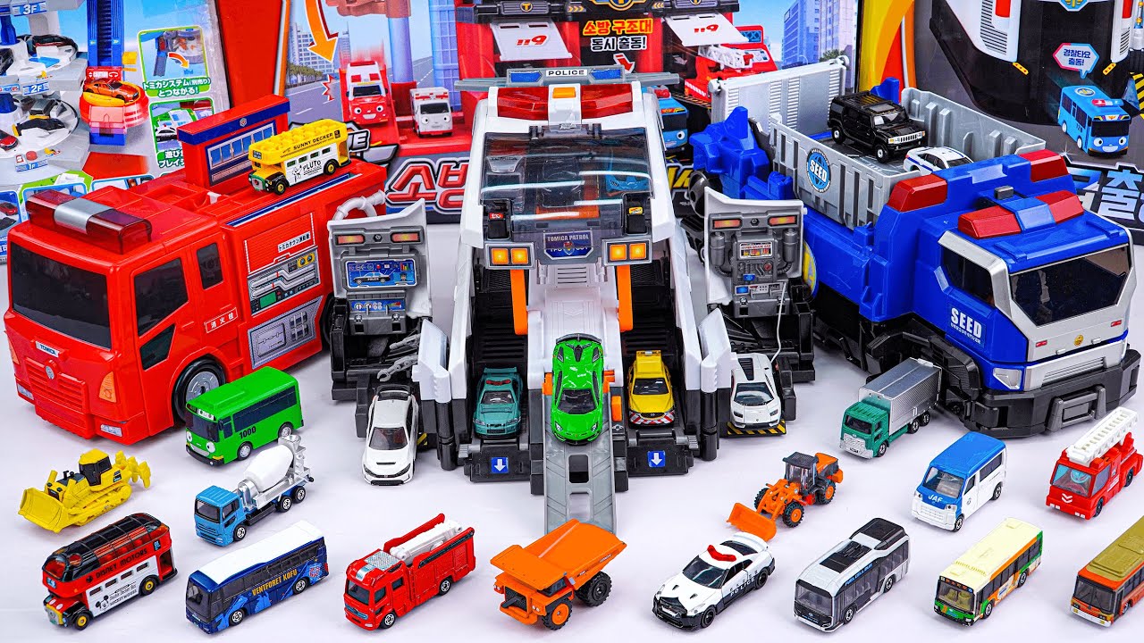ぐるっと変形!パトカ一トミカを一気に出動!はしご消防車が飛び出す!自動变形!音声たっぶり&変形出動!トミカパトカ一たっぷり収納Tomica Police Station Collection ASMR