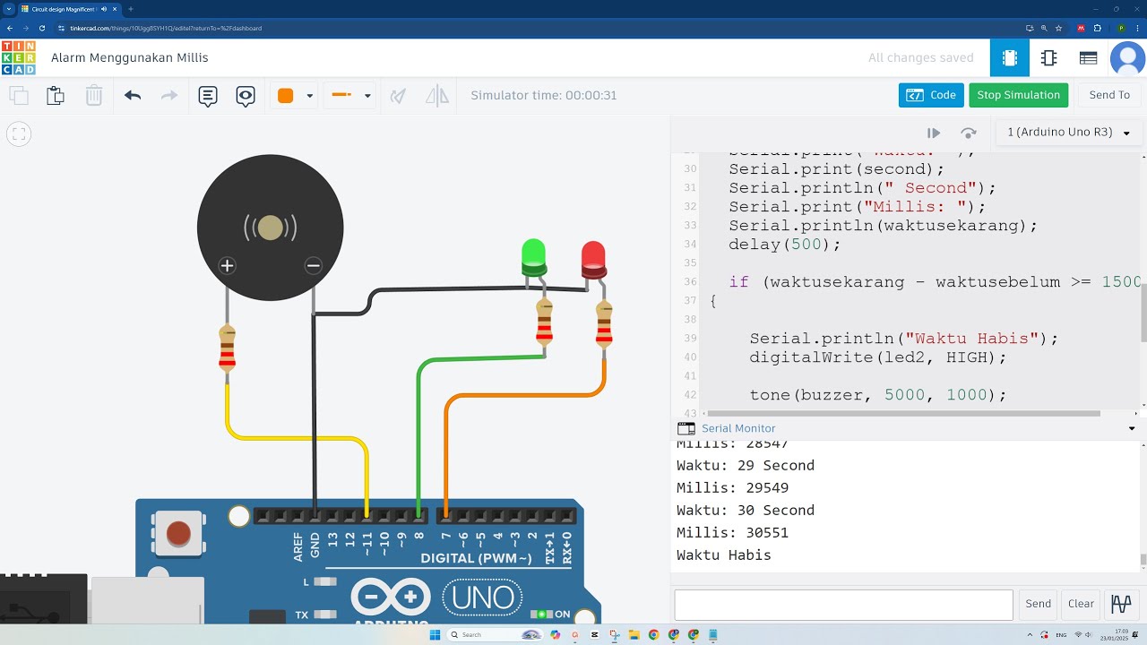 Alarm Menggunakan Fungsi Millis() LED dan Buzzer - TUTORIAL PEMROGRAMAN ARDUINO TINKERCAD