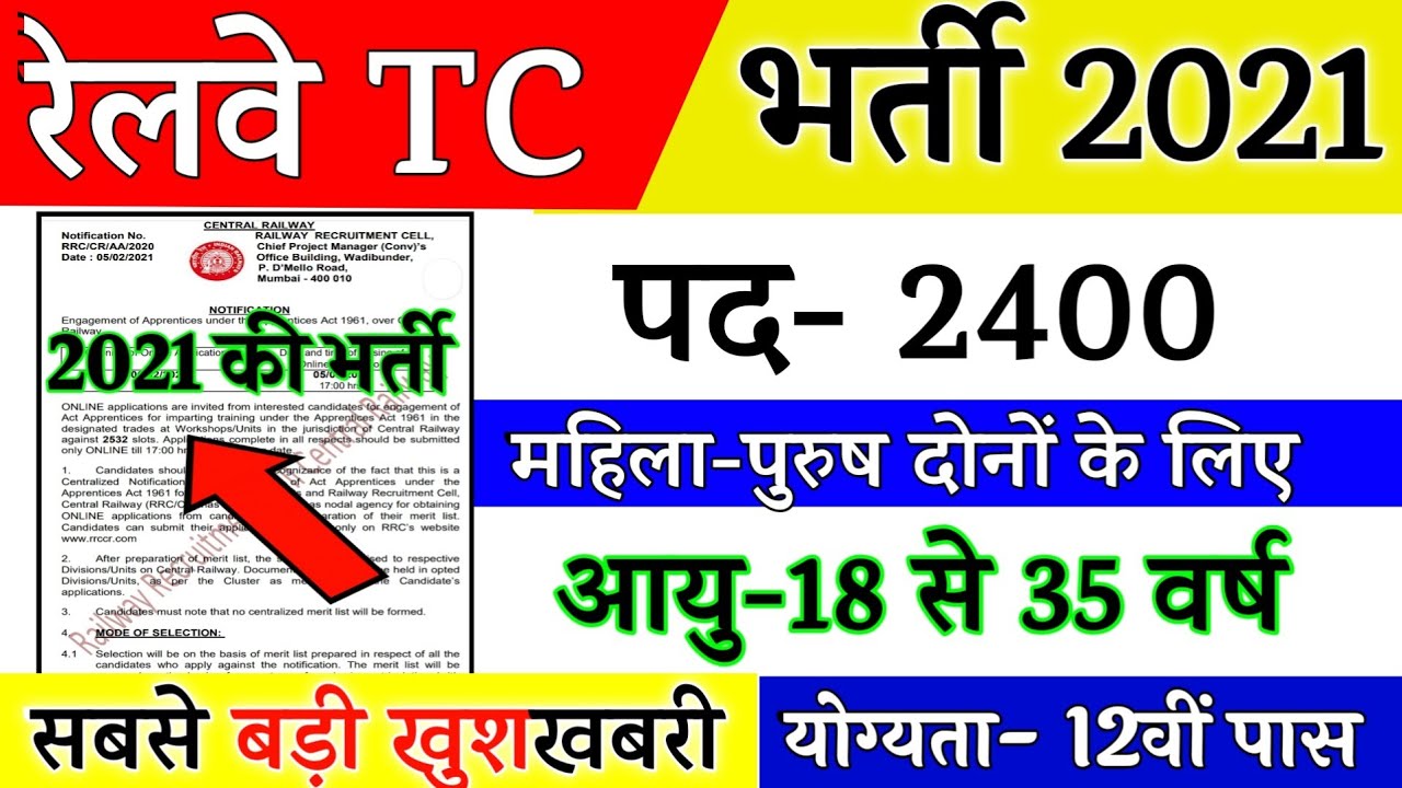 Railway TC,TTE (Ticket Collector) Recruitment 2021 | RRB TC Bharti 2021 | 10th, 12th Pass Vacancy